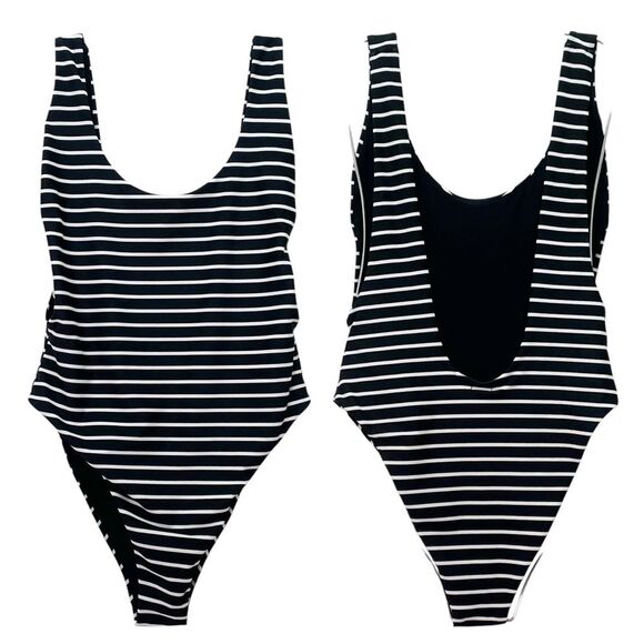 Aerie Super Scoop One Piece Swimsuit Size Large Black White Stripe Hi Cut Cheeky - Picture 15 of 15